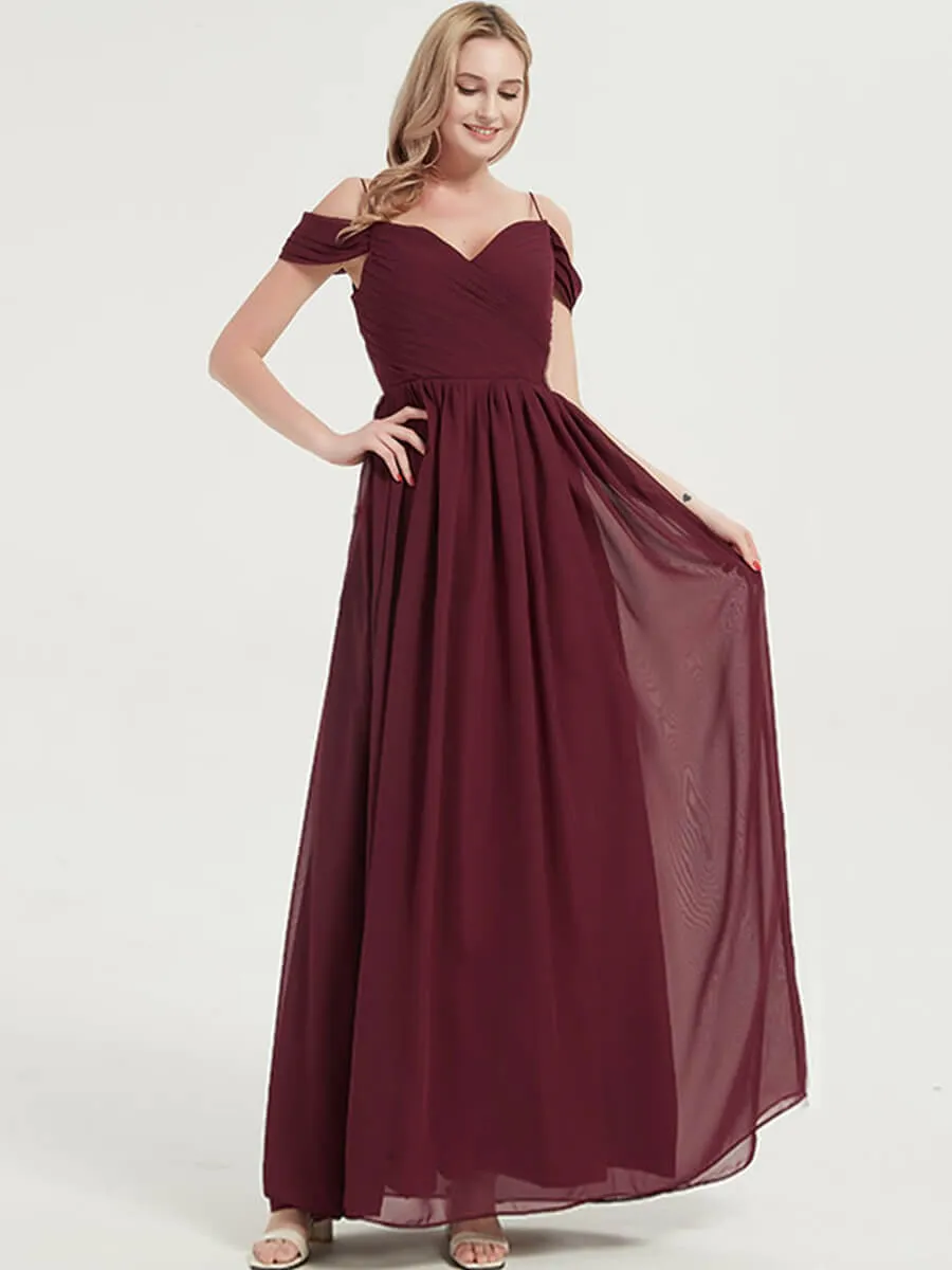 Cold Shoulder Straps Pleated Chiffon Desert Rose Bridesmaid Dress