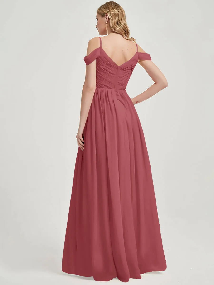 Cold Shoulder Straps Pleated Chiffon Desert Rose Bridesmaid Dress