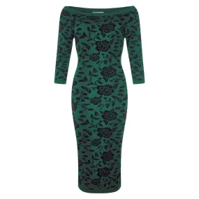 Collectif Green 3/4 Sleeve Brocade Knitted Pencil Wiggle Dress