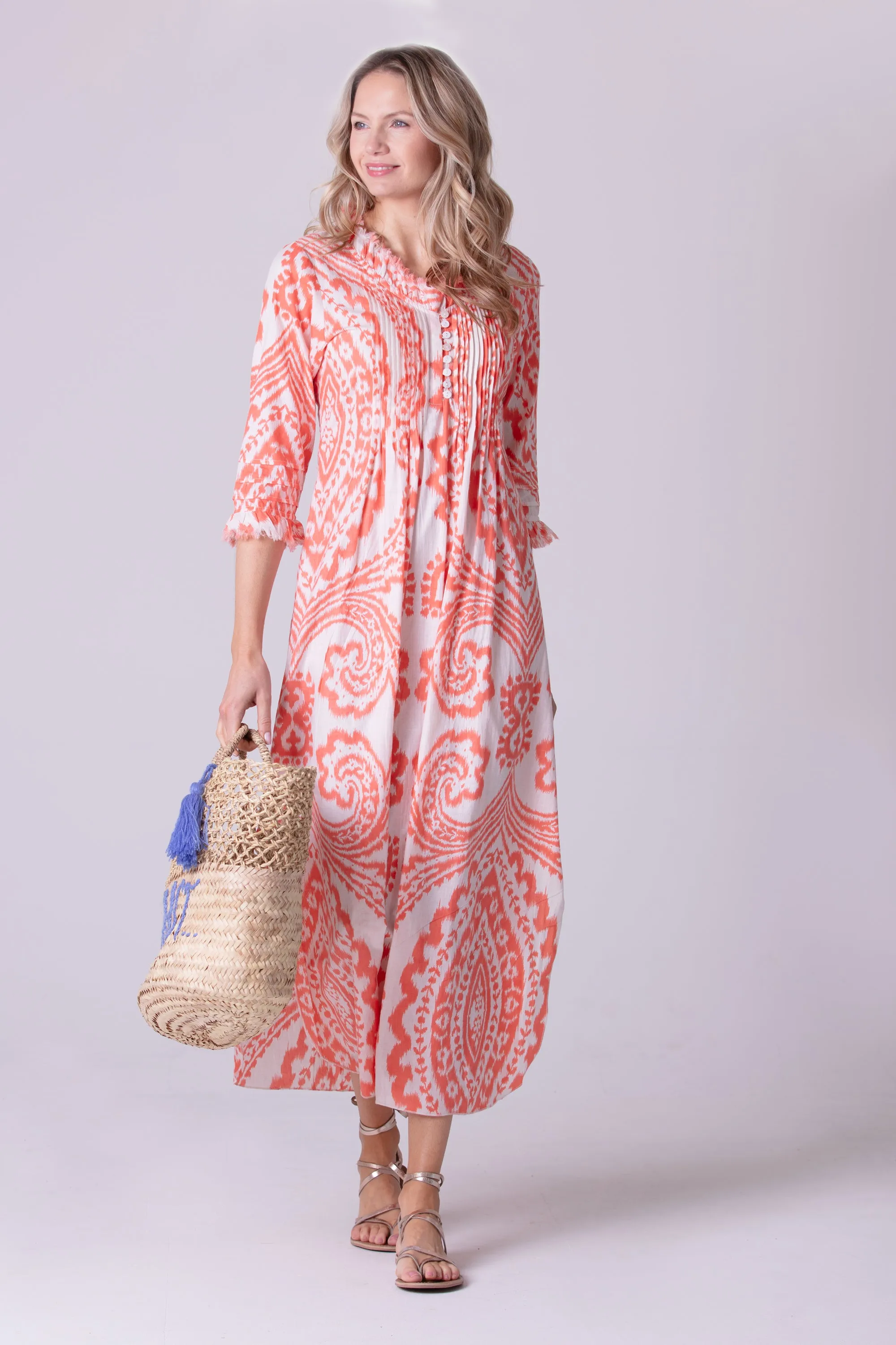 Cotton Annabel Maxi Dress in Orange & White Ikat