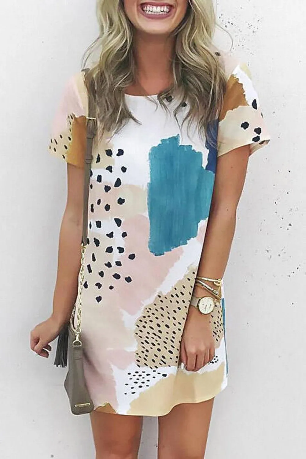 Cute Light Blue Leopard Splicing Color Block Mini Dress