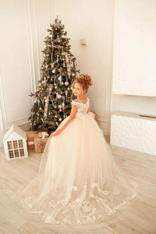 Cute White Lace Tulle Princess Girls Birtrhday Christmas Party Dress