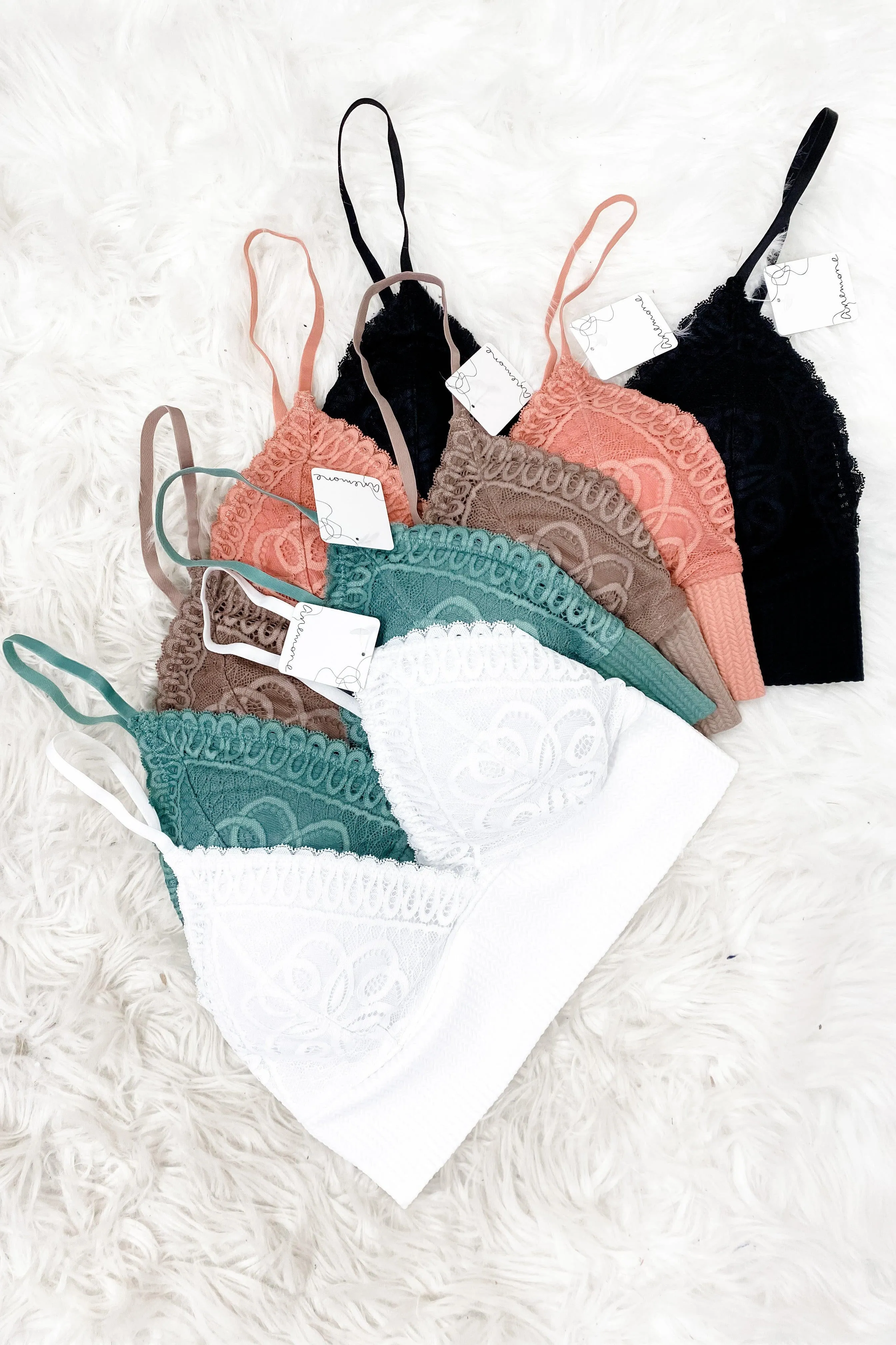 Delicate Delight- RESTOCKED {Black, Cocoa, Salmon, Lt. Teal & White} Lace Triangle Bralette w/ Thick Band