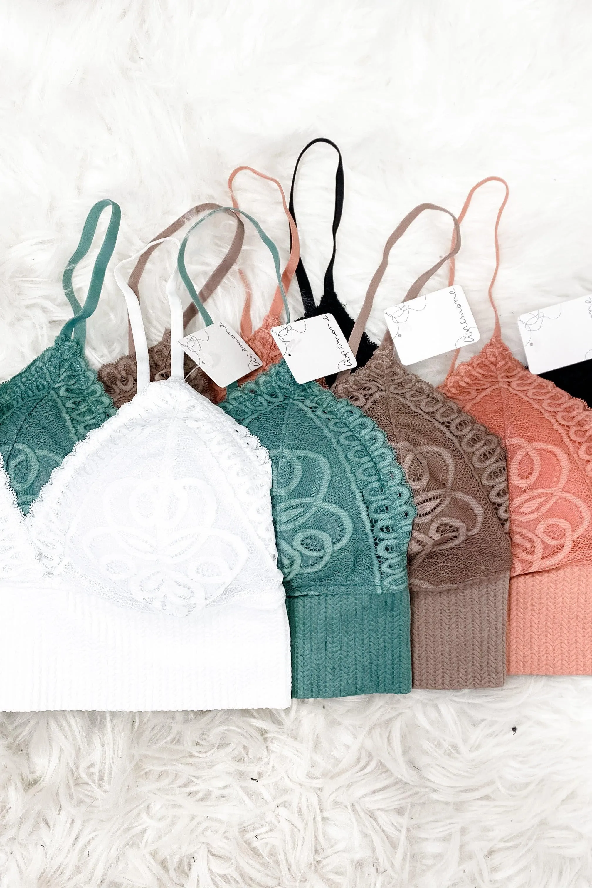 Delicate Delight- RESTOCKED {Black, Cocoa, Salmon, Lt. Teal & White} Lace Triangle Bralette w/ Thick Band