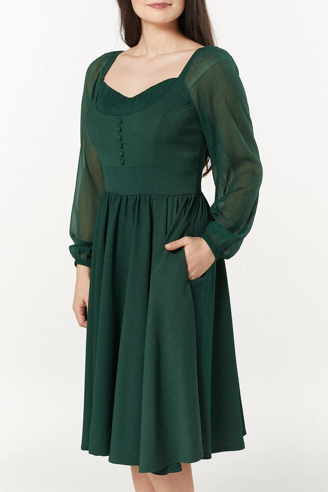 Dior Green Midi Swing Dress Sweetheart Neck with Chif sleeve