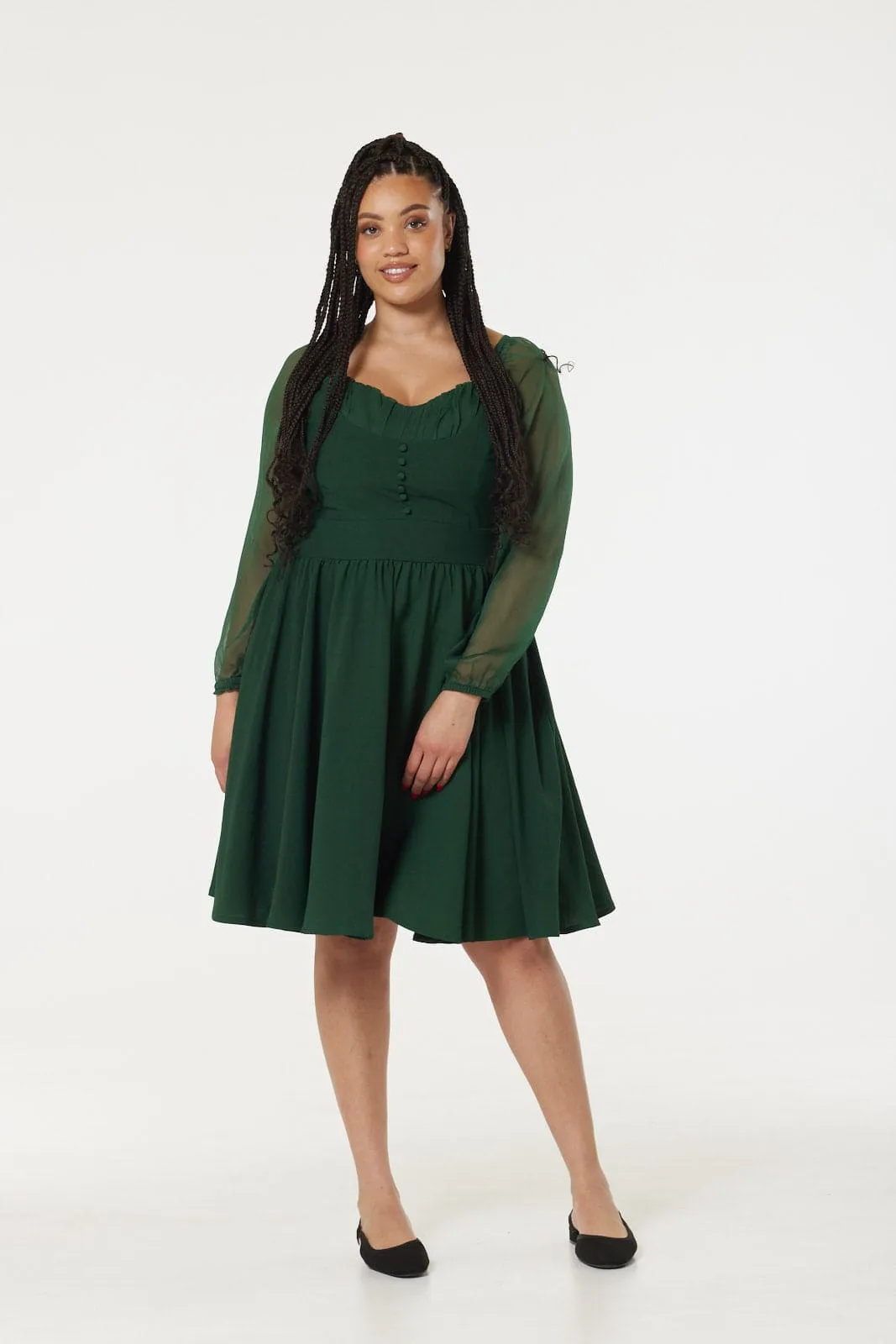 Dior Green Midi Swing Dress Sweetheart Neck with Chif sleeve