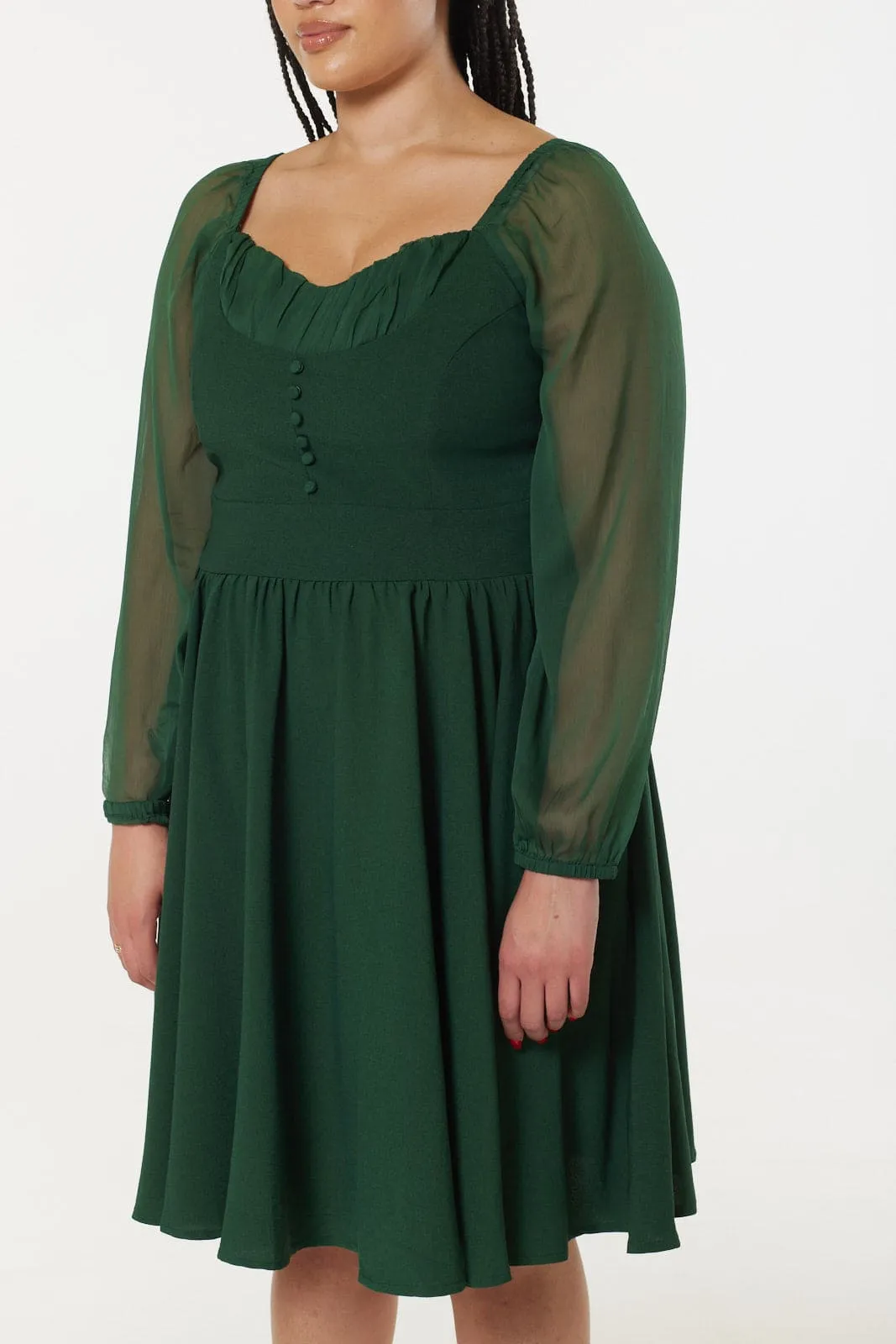 Dior Green Midi Swing Dress Sweetheart Neck with Chif sleeve