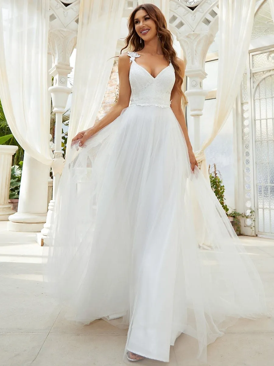 Double V Neck Lace Bodice Open Back Tulle Wedding Dress