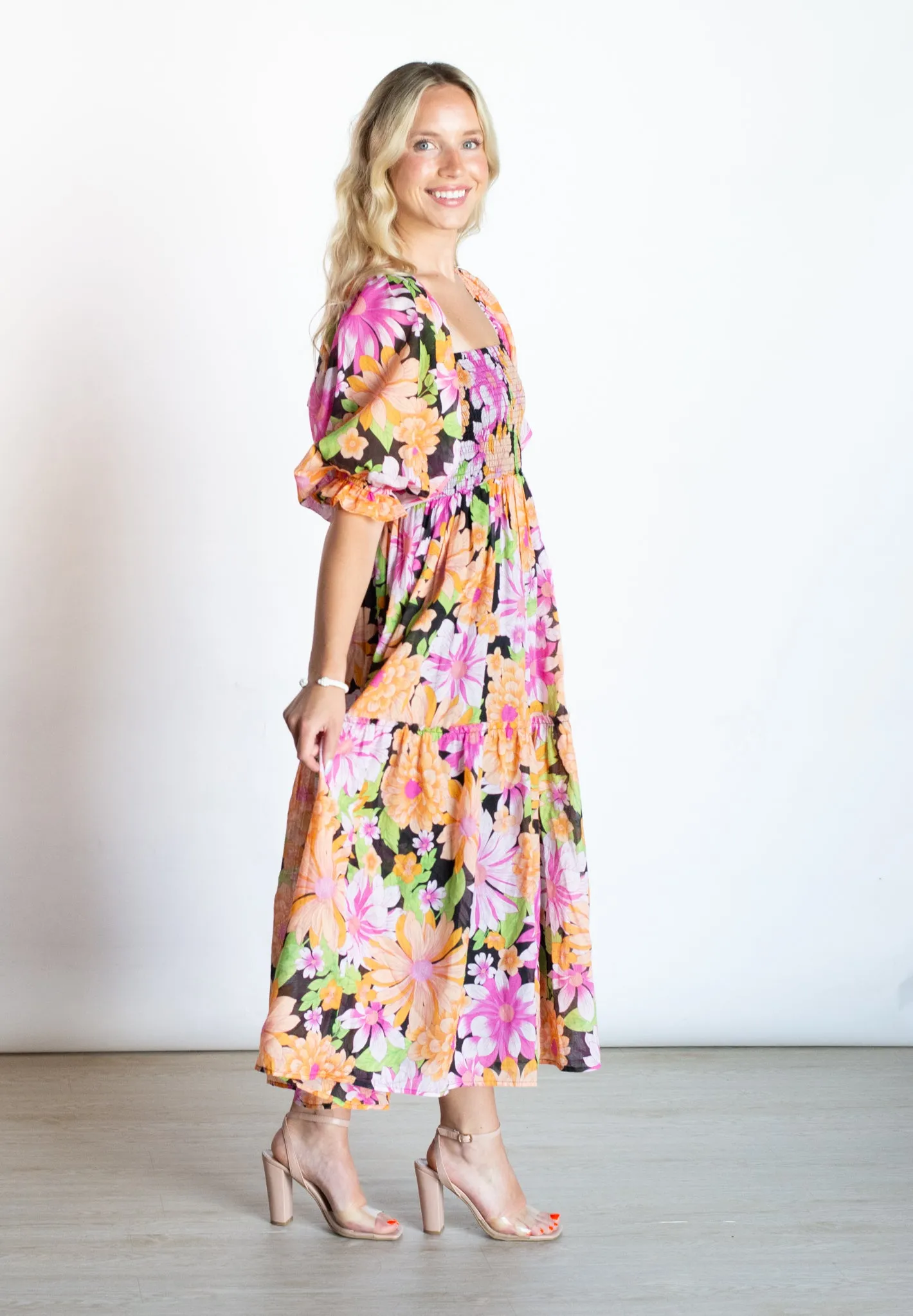 Flirty Impression Multicolor Smocked Midi Dress