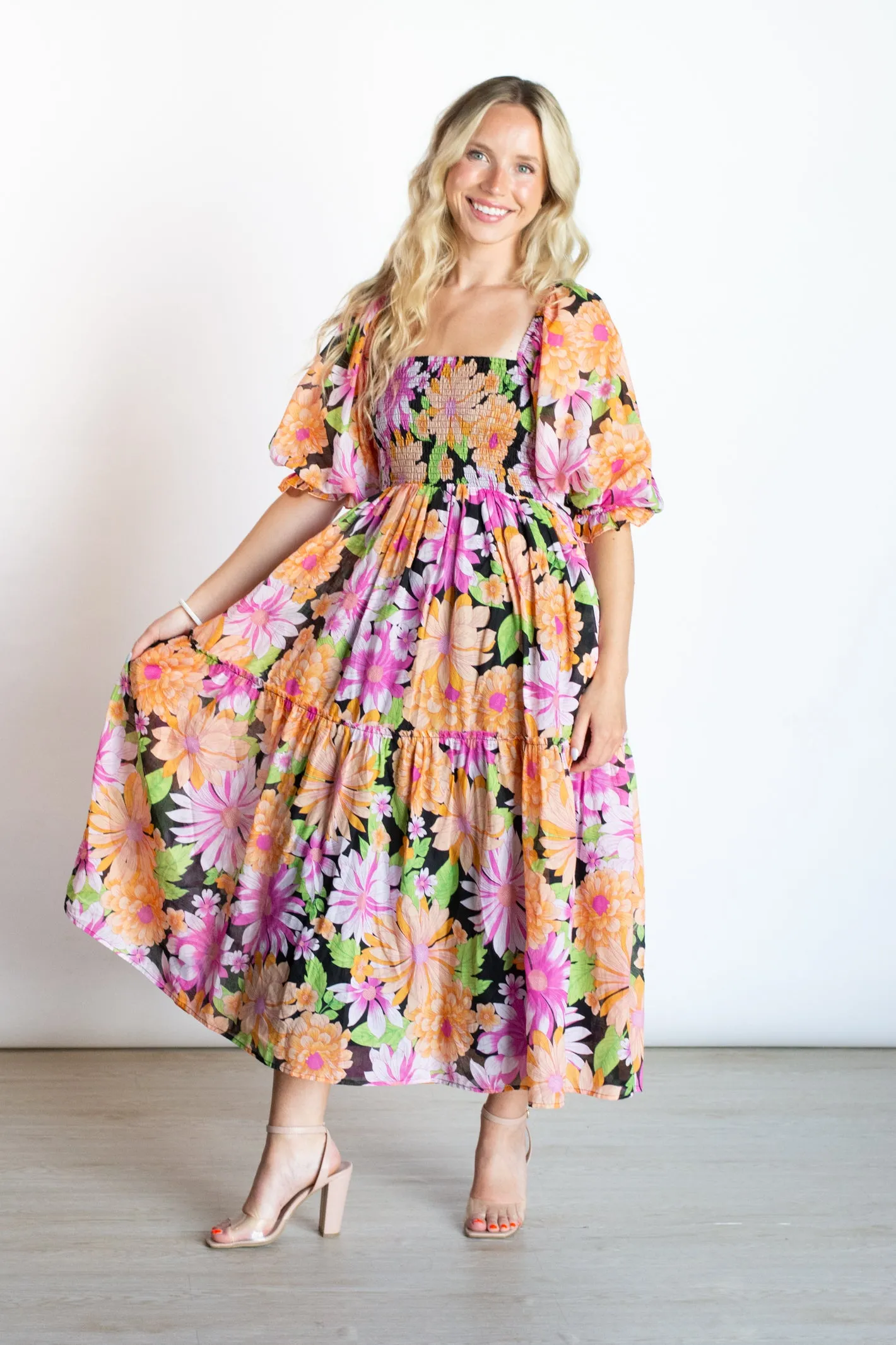 Flirty Impression Multicolor Smocked Midi Dress