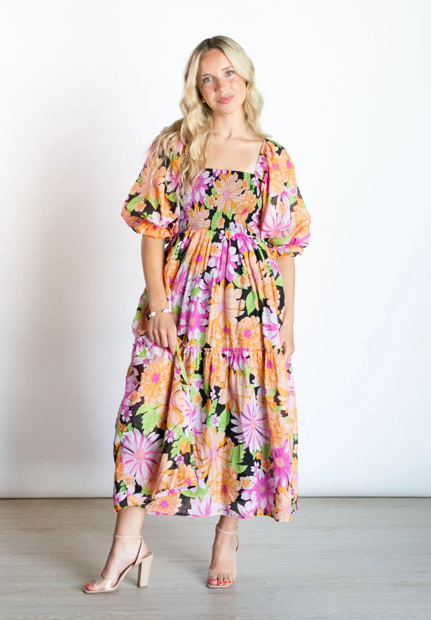 Flirty Impression Multicolor Smocked Midi Dress