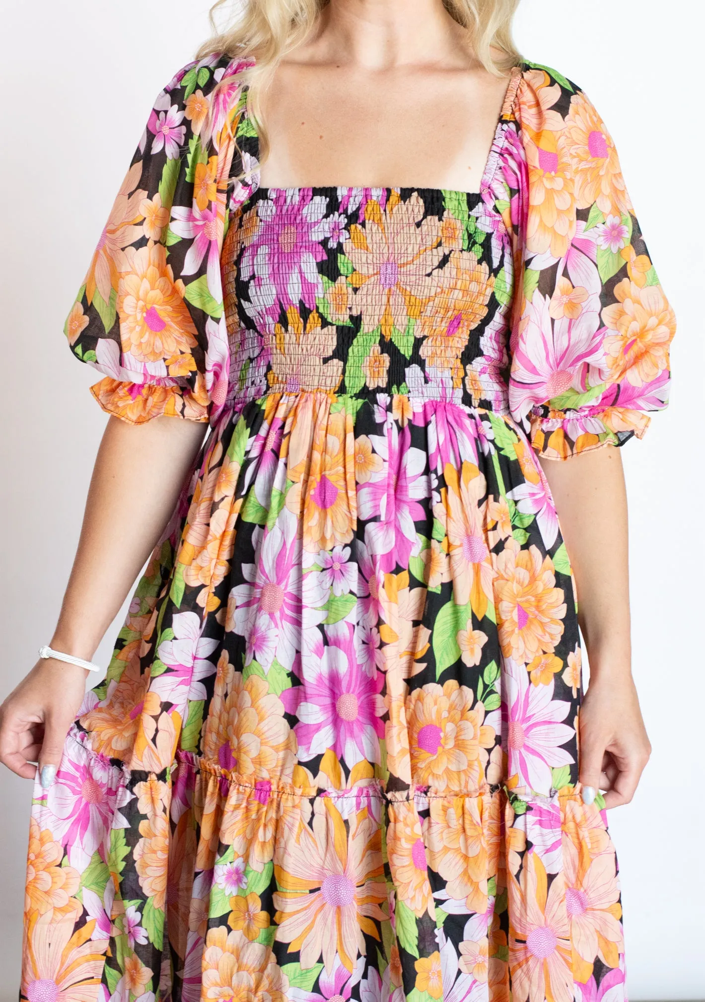 Flirty Impression Multicolor Smocked Midi Dress