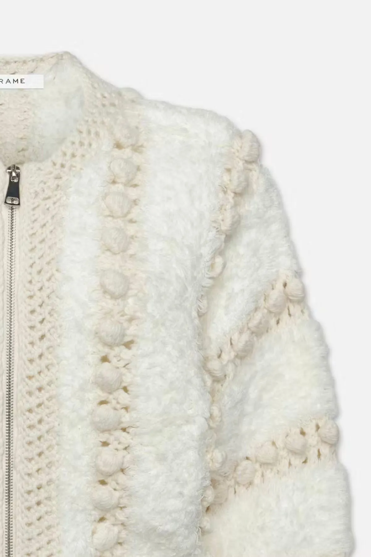 Chic Cream-Colored Frame Denim Cardigan with Pom Pom Detailing