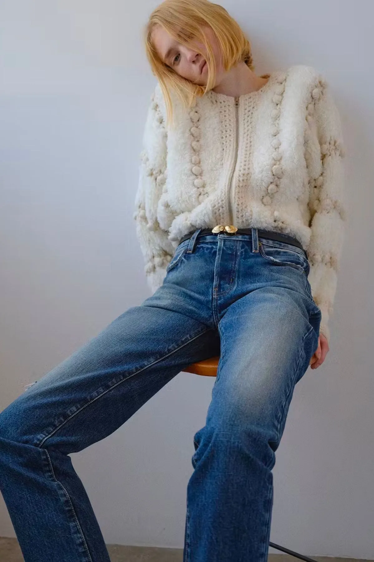 Chic Cream-Colored Frame Denim Cardigan with Pom Pom Detailing