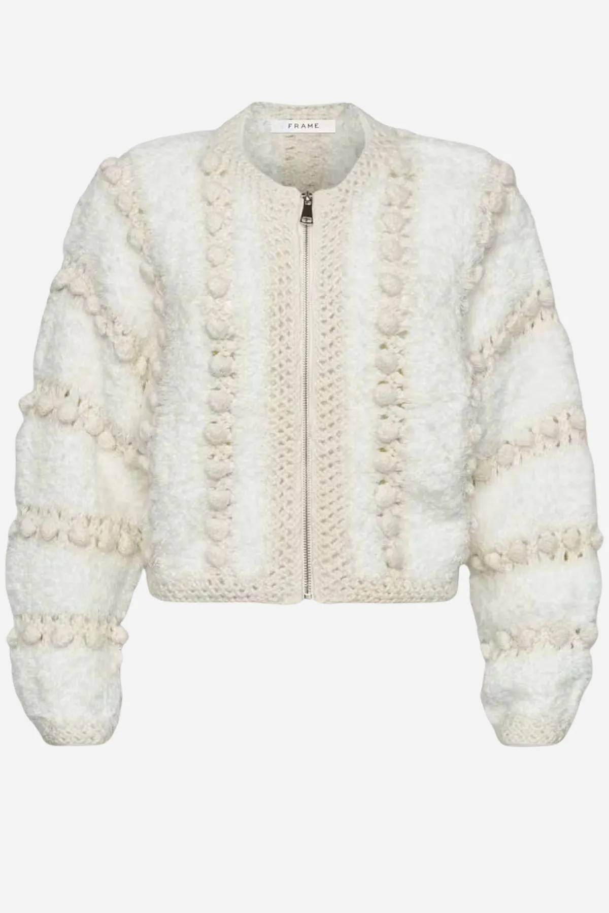 Chic Cream-Colored Frame Denim Cardigan with Pom Pom Detailing