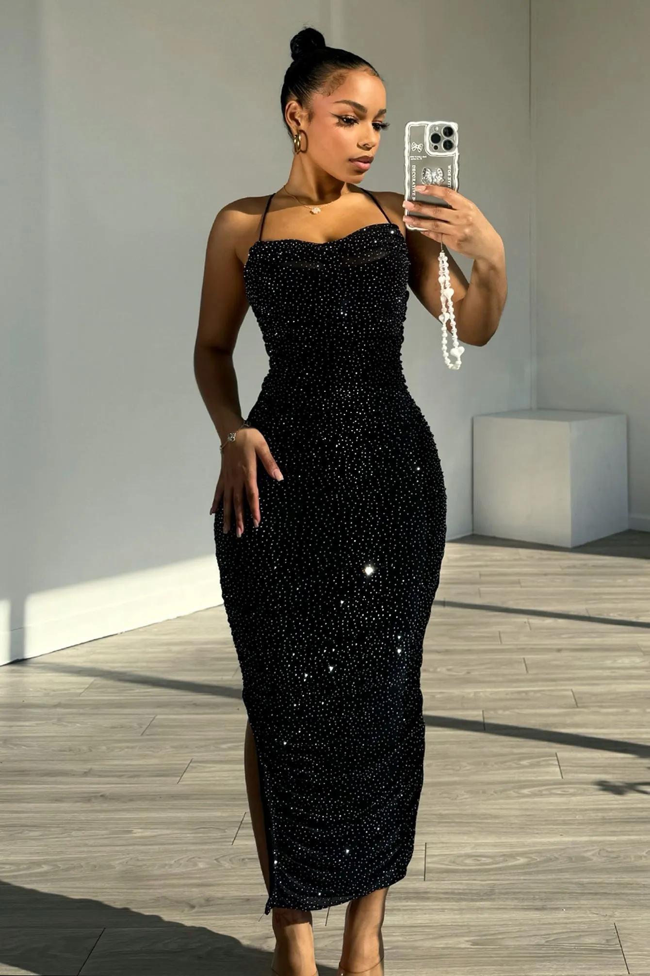 Sparkling Rhinestone Mesh Ruched Party Dress - Gemma Collection