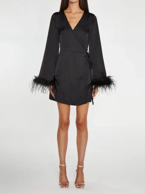 GLAMOROUS Satin Feather Trim Wrap Mini Dress