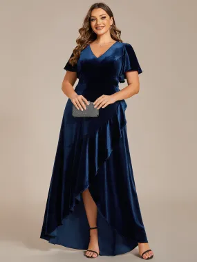 GRANDE TAILLE Robe de soirée en velours extensible à double col en V et manches courtes avec ourlet en feuille de lotus