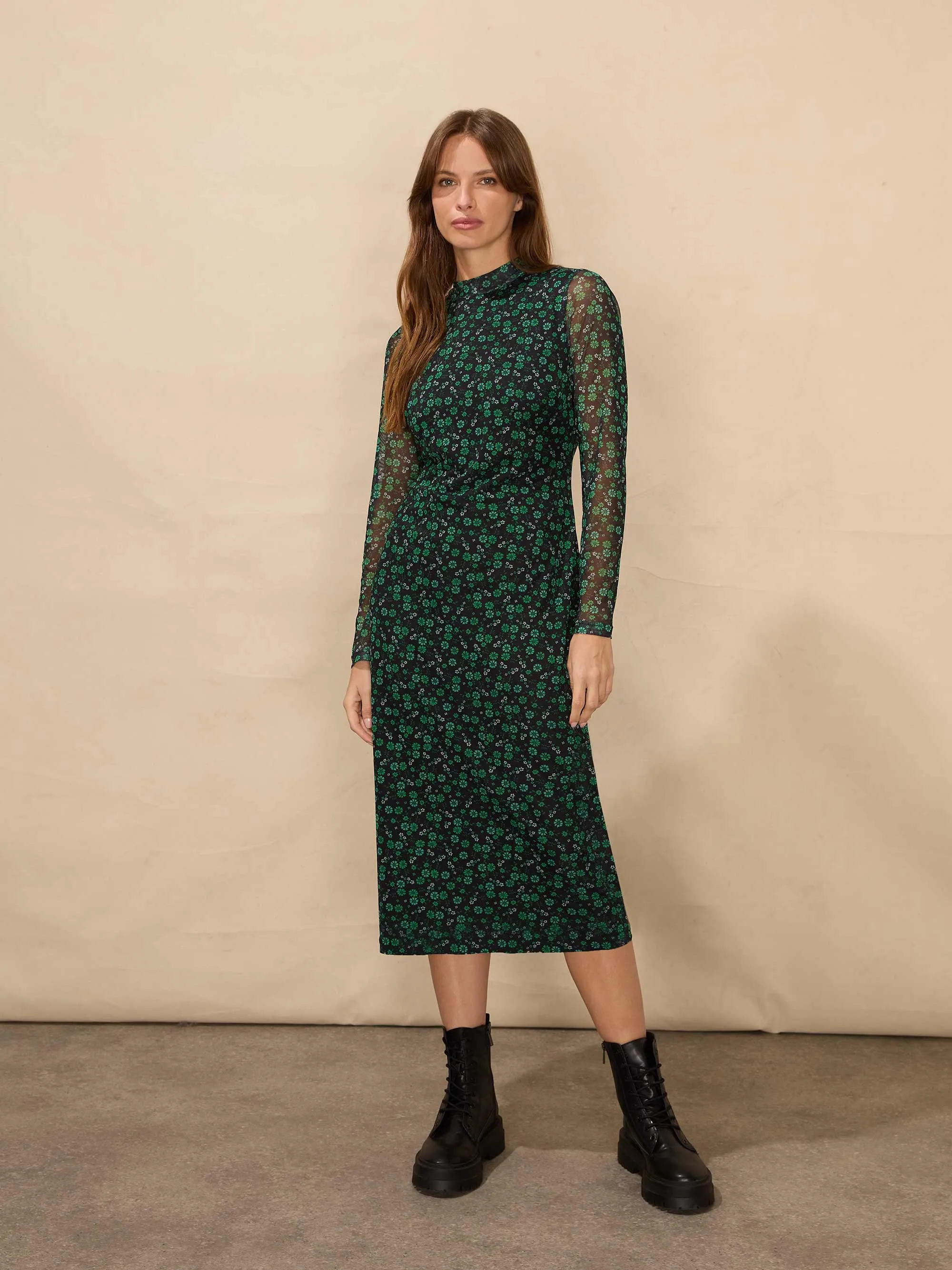 Green Ditsy Print Mesh Dress