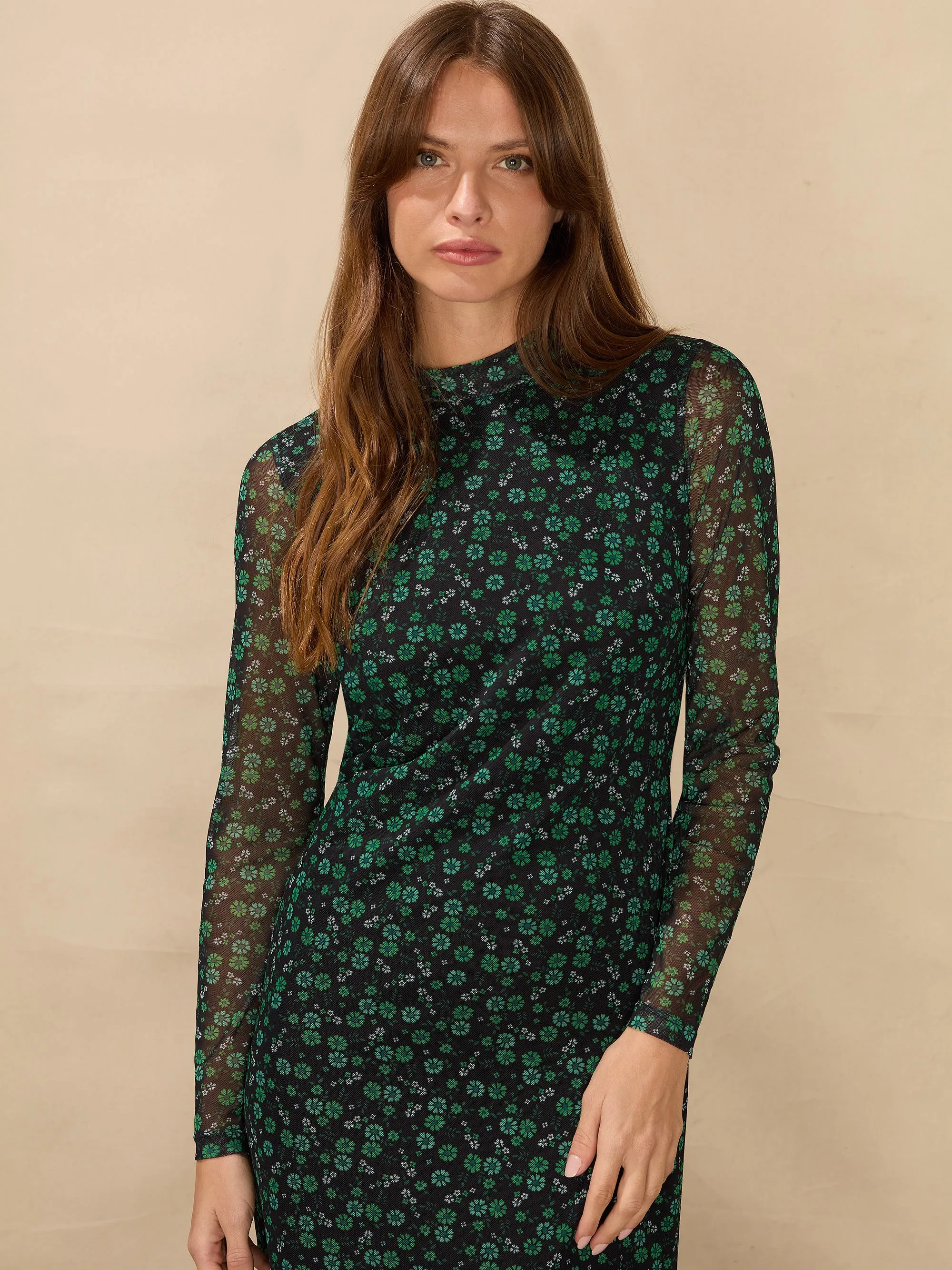 Green Ditsy Print Mesh Dress