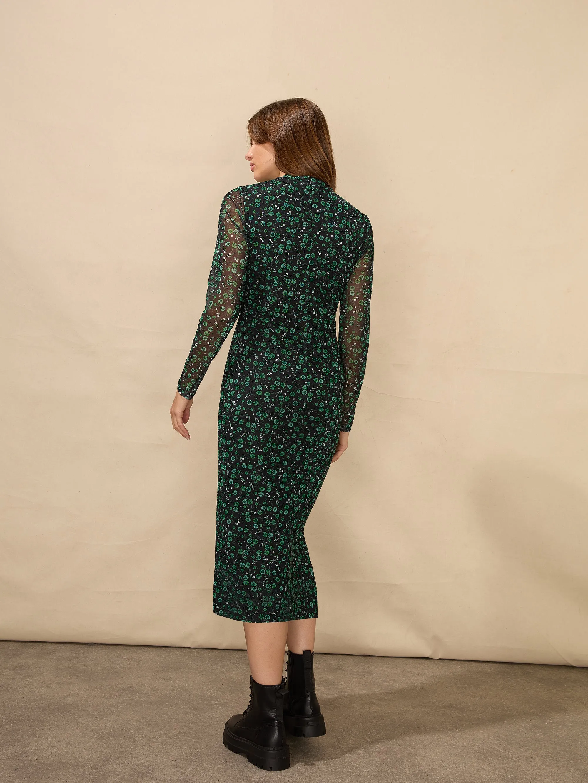 Green Ditsy Print Mesh Dress