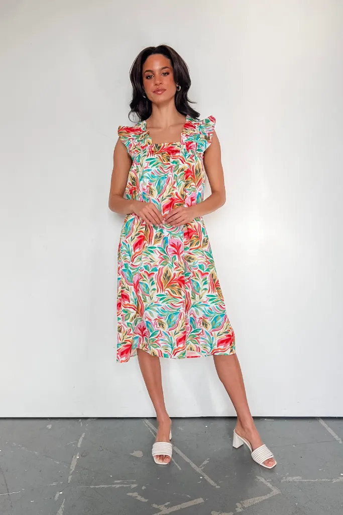 Island In The Sun Flutter Sleeve Midi Dress