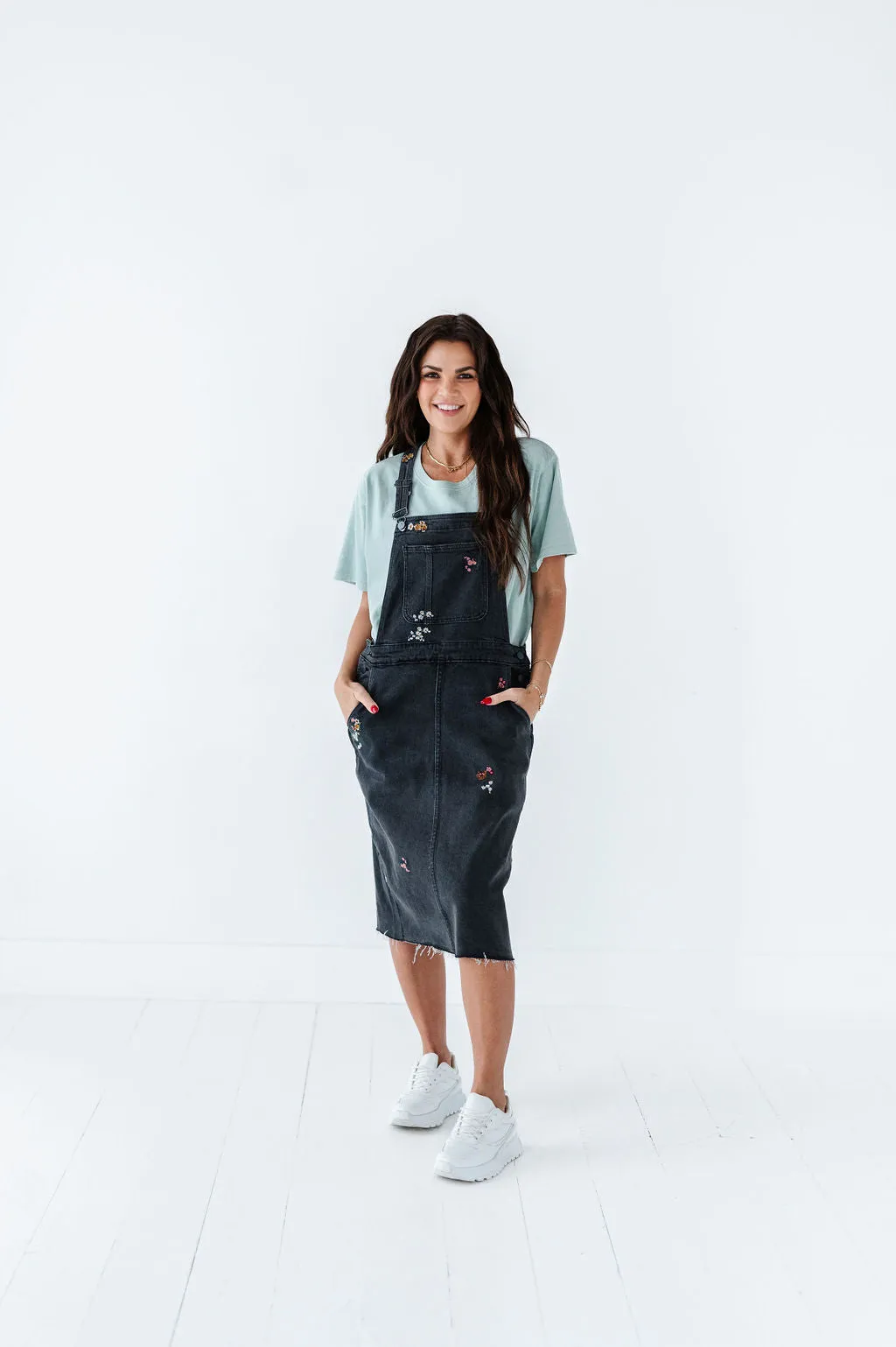 Jesse Embroidered Black Denim Overall Dress