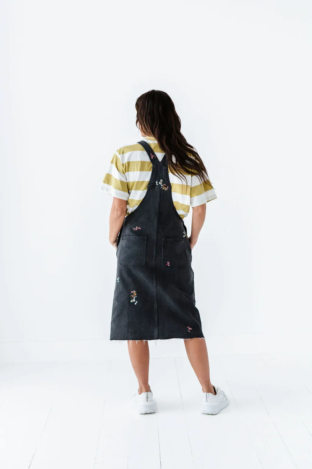 Jesse Embroidered Black Denim Overall Dress