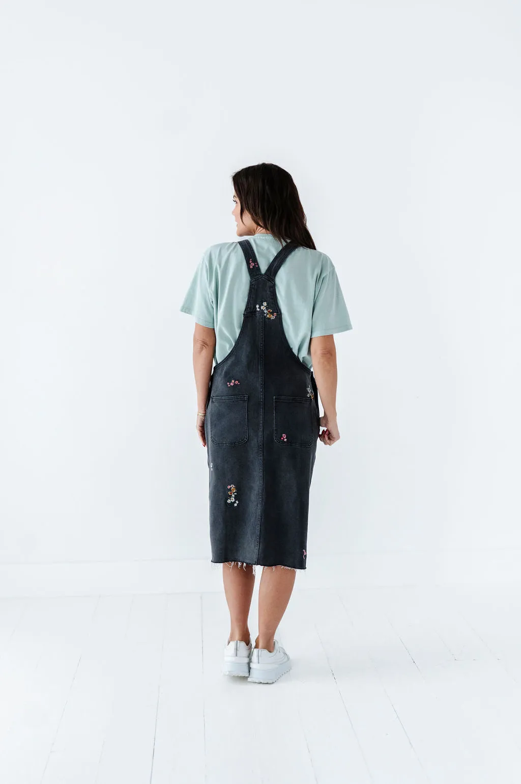 Jesse Embroidered Black Denim Overall Dress