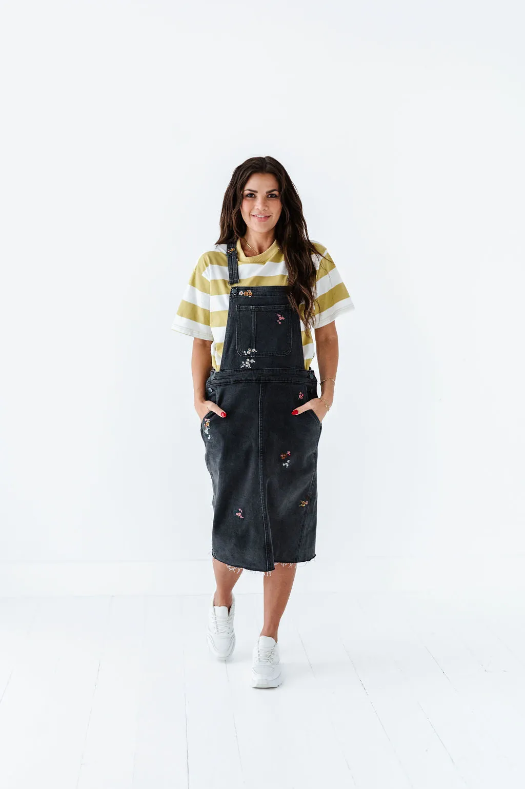 Jesse Embroidered Black Denim Overall Dress