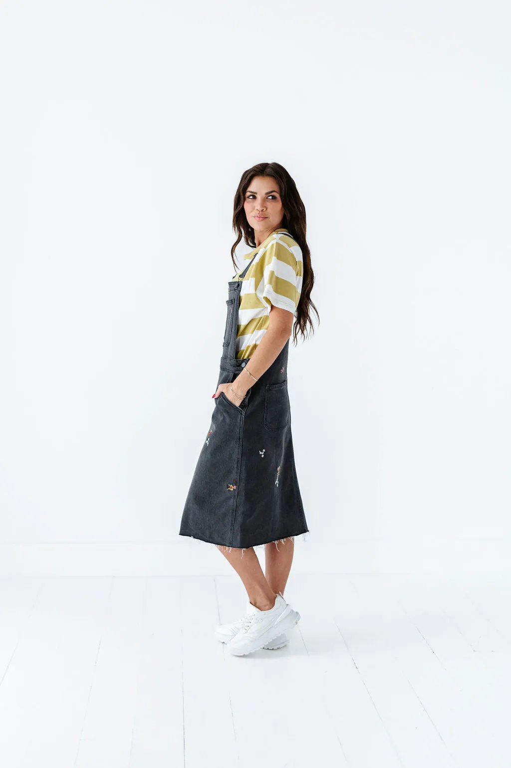 Jesse Embroidered Black Denim Overall Dress