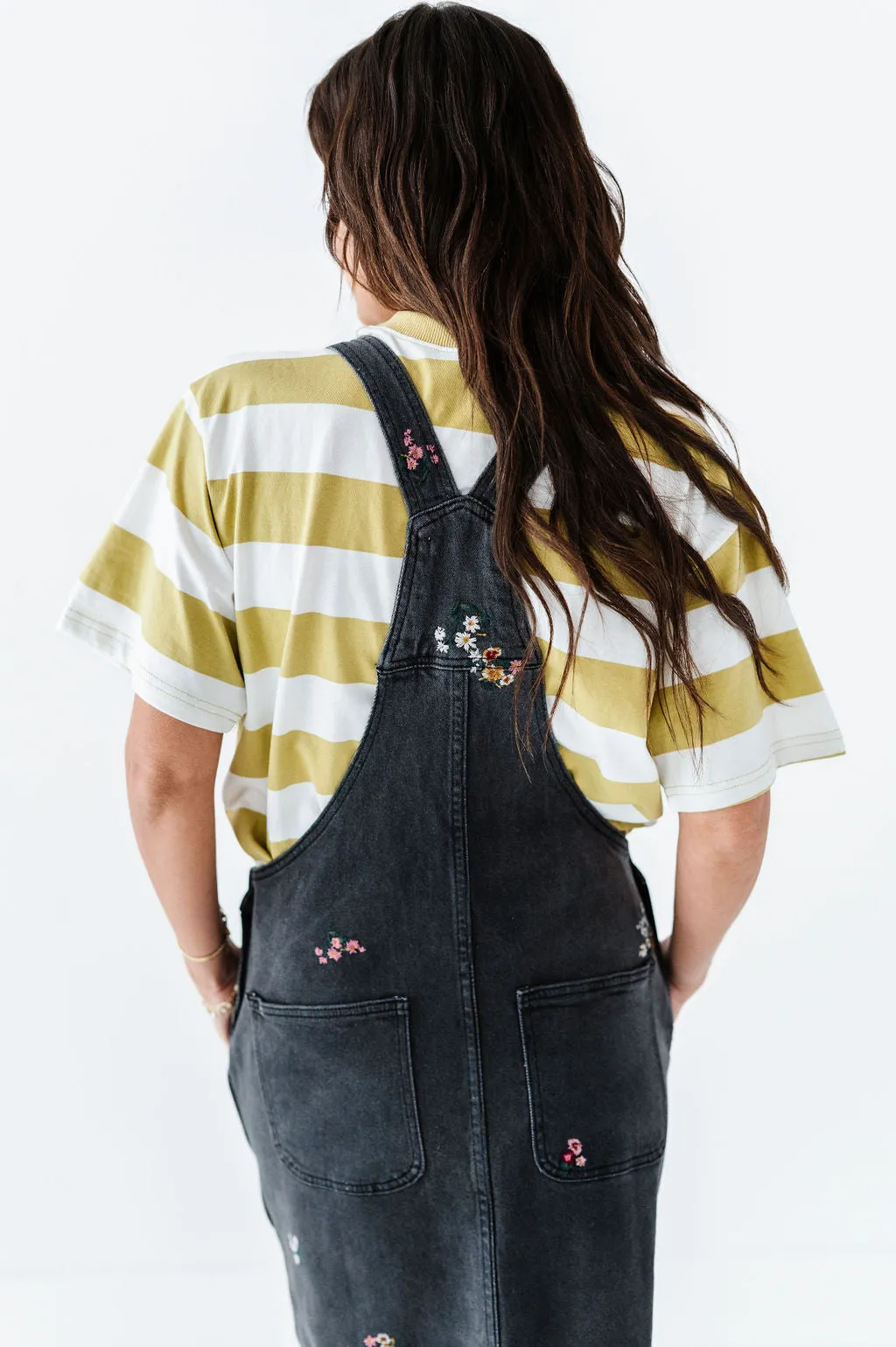 Jesse Embroidered Black Denim Overall Dress