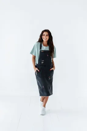 Jesse Embroidered Black Denim Overall Dress