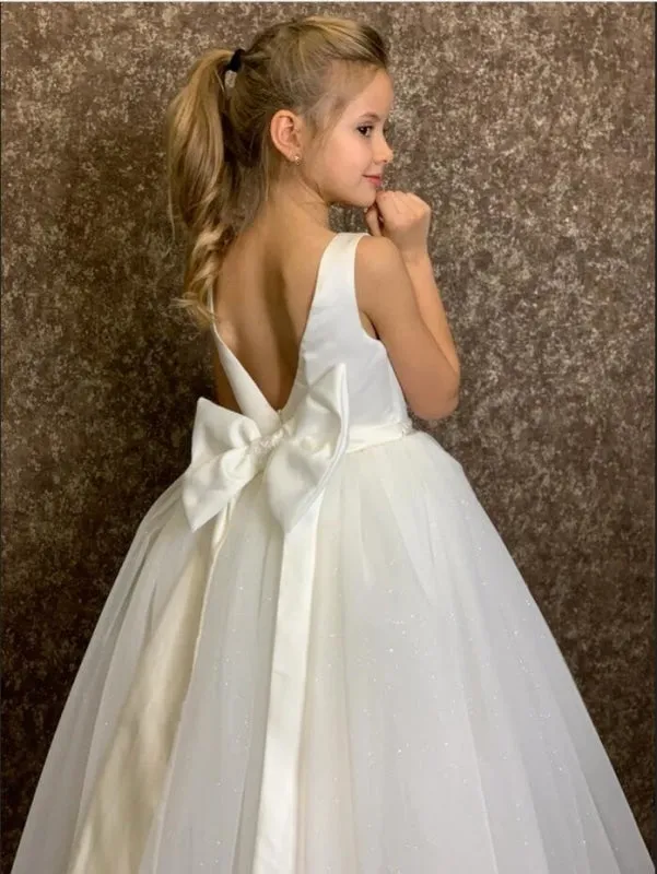 Jewel Neck White Glitter Little Girl Dress for Chrismas Birthday Party Sleevelesss Flower Girl Dress with Bowknot