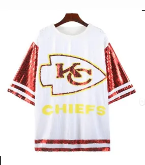 Kansas City Chiefs sequence white dress with Chiefs symbol graphics