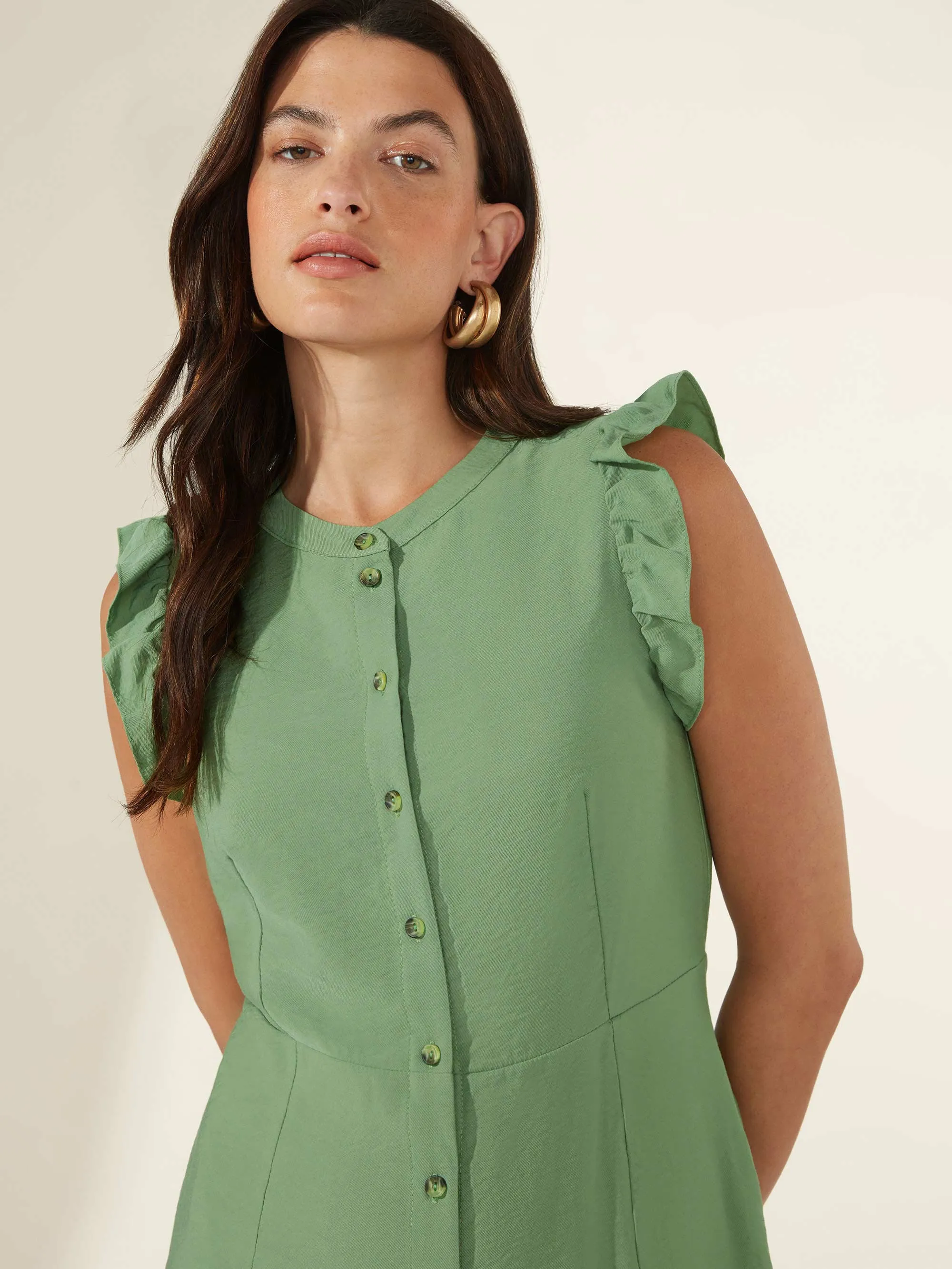 Khaki Frill Shoulder Shirt Dress