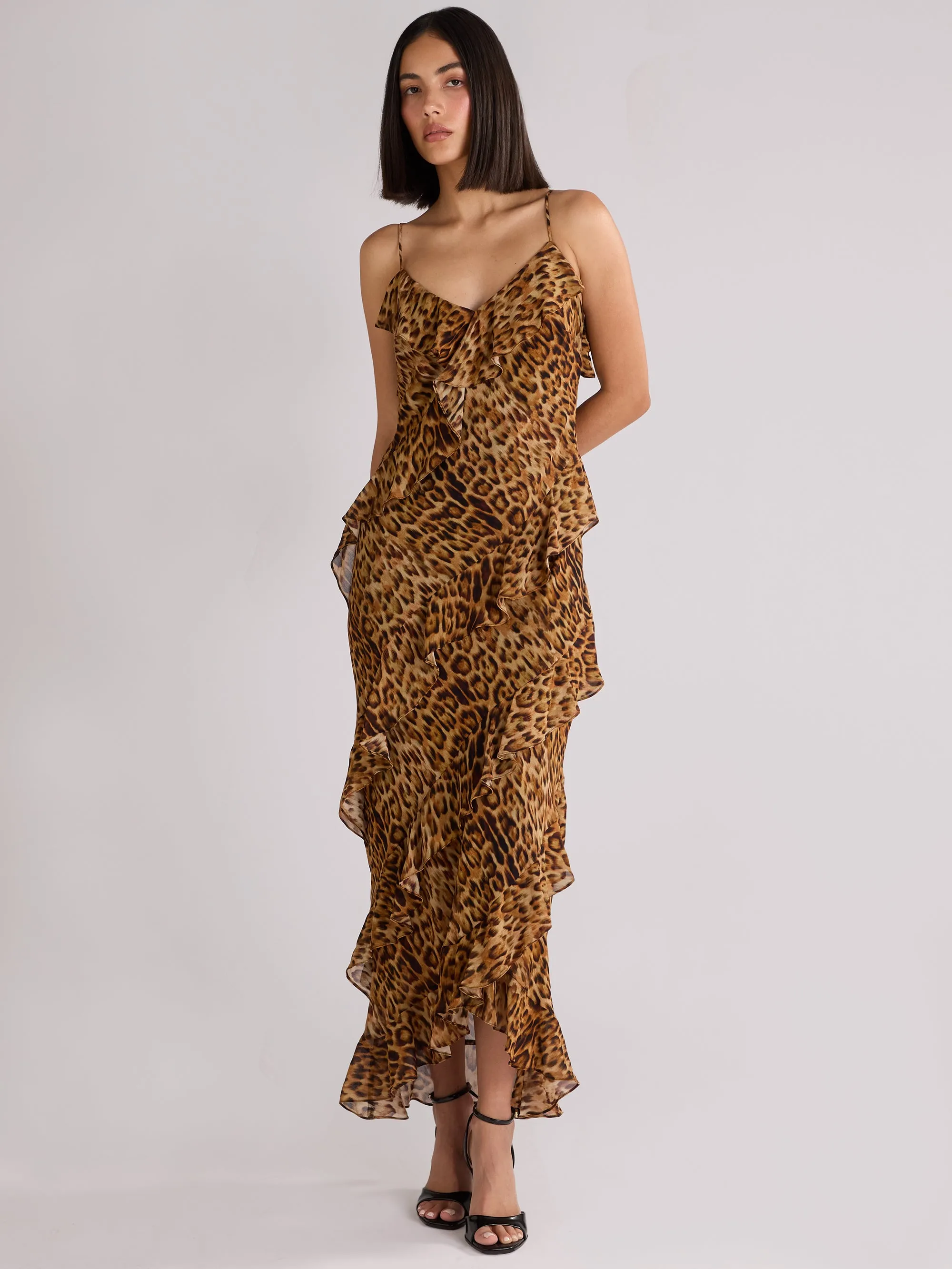 Chic Kirstee Leopard Print Ruffle Cami Maxi Dress