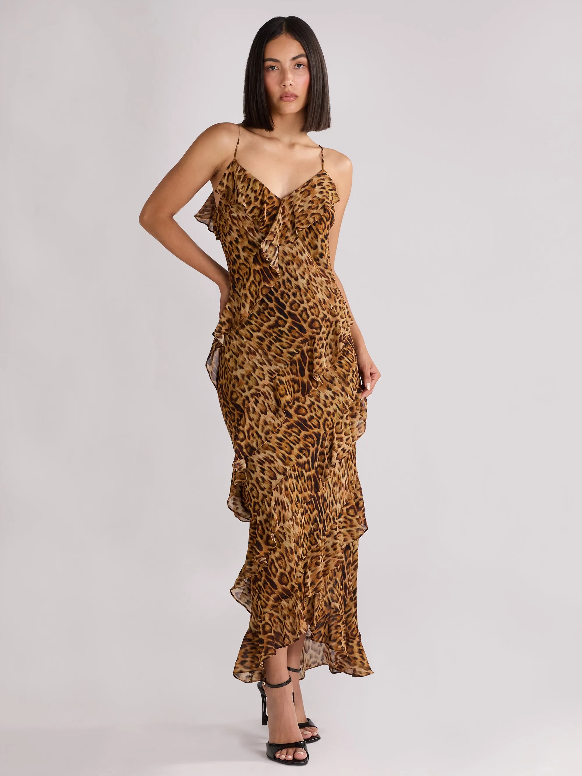 Chic Kirstee Leopard Print Ruffle Cami Maxi Dress