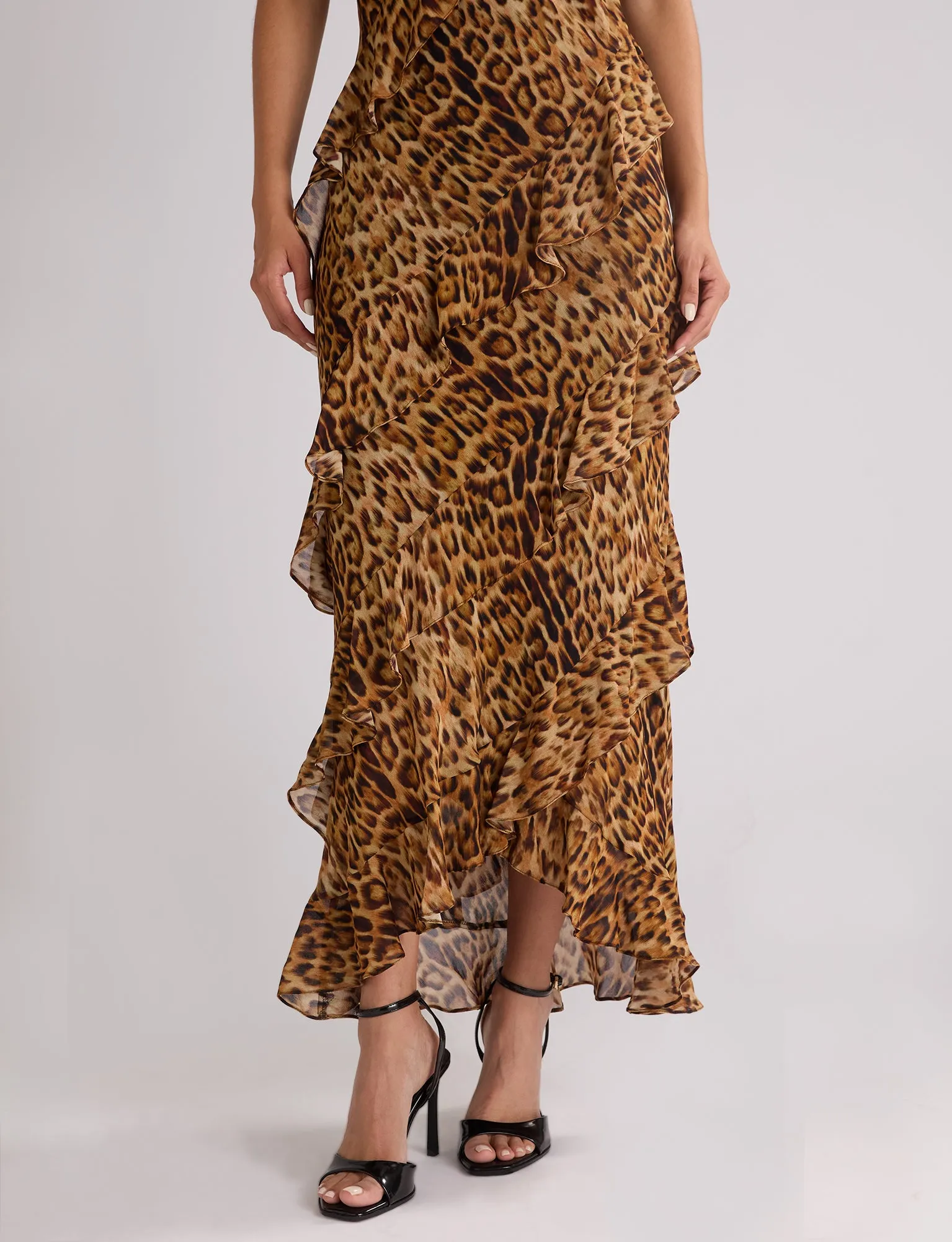 Chic Kirstee Leopard Print Ruffle Cami Maxi Dress