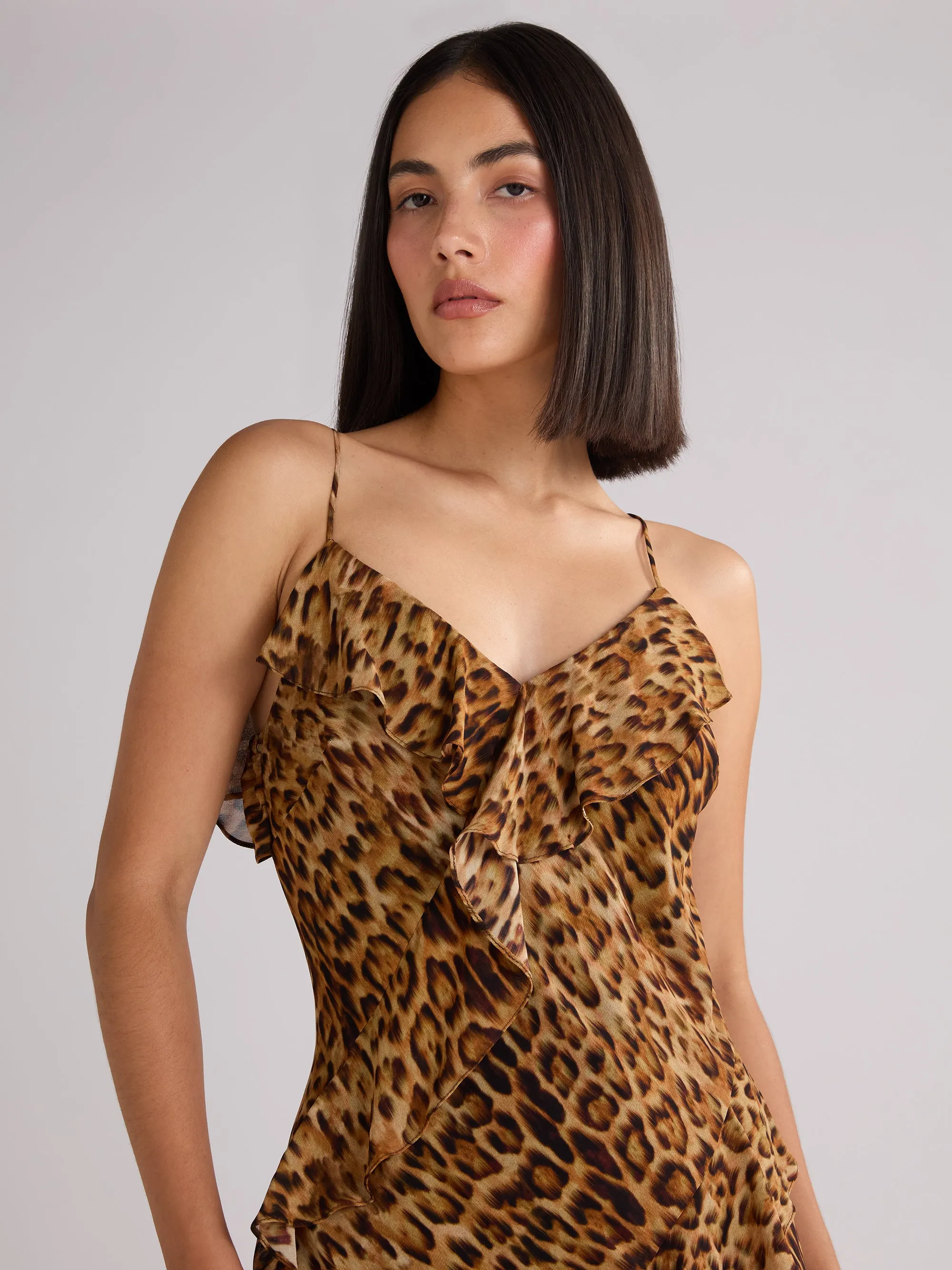 Chic Kirstee Leopard Print Ruffle Cami Maxi Dress