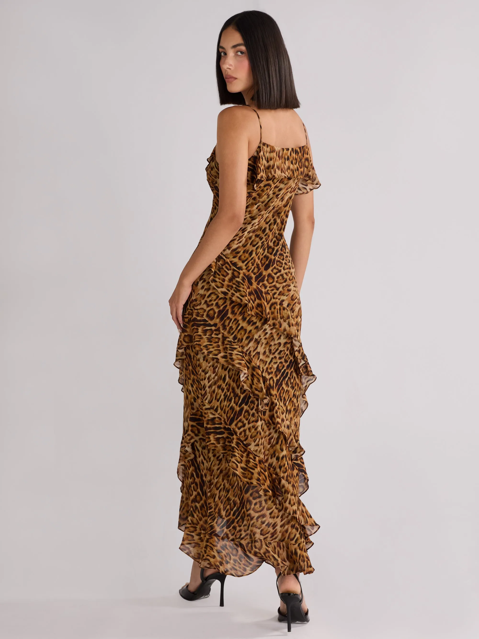 Chic Kirstee Leopard Print Ruffle Cami Maxi Dress