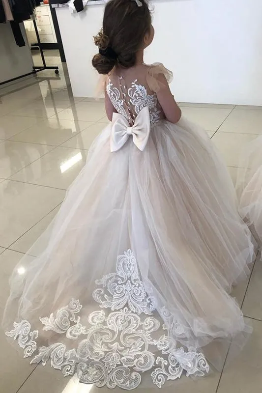 Lovely Tulle Lace Flower Girl Dress Sleeveless Kids Dress for Wedding Party with Appliques