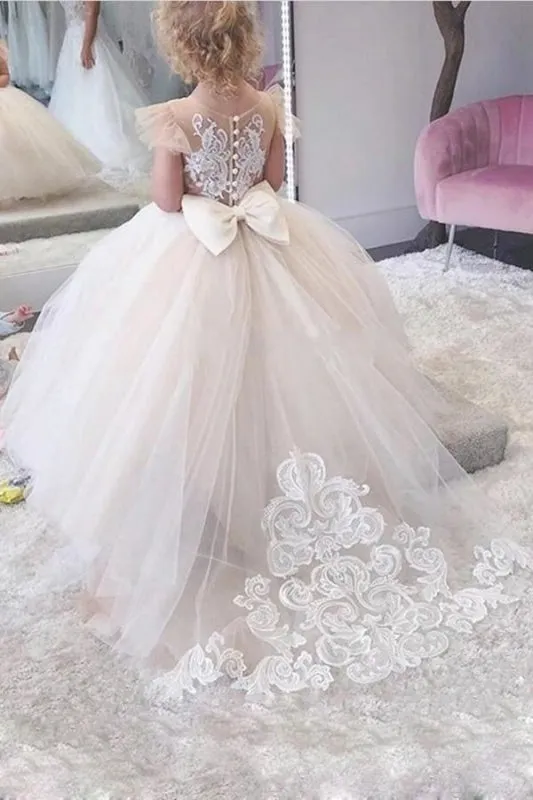 Lovely Tulle Lace Flower Girl Dress Sleeveless Kids Dress for Wedding Party with Appliques