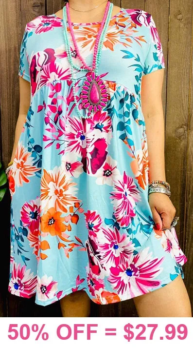 M, L, XL, 2X, 3X  Light Blue Floral Dress