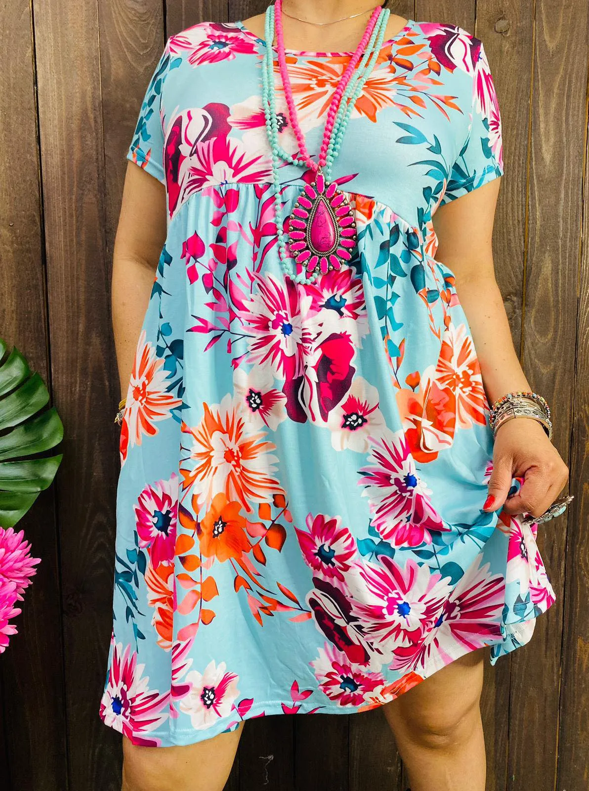 M, L, XL, 2X, 3X  Light Blue Floral Dress