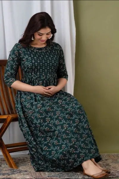 Maternity Feeding Gown Green Cotton Maxi Dress