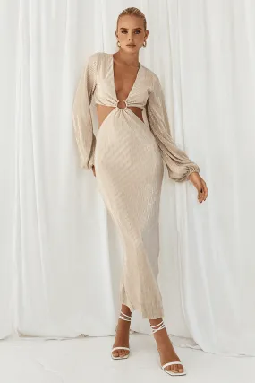 Elegant Medusha Midi Dress in Beige with Gold Accents