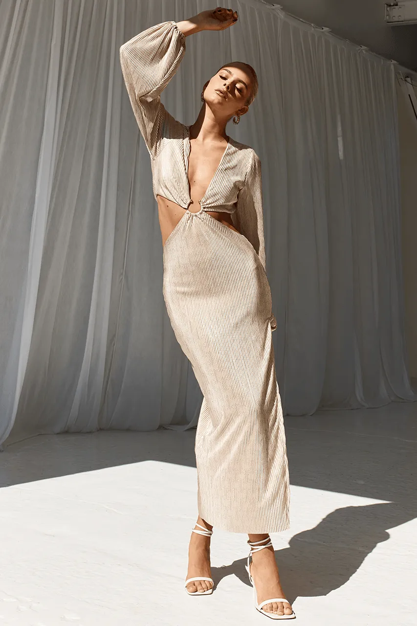 Elegant Medusha Midi Dress in Beige with Gold Accents