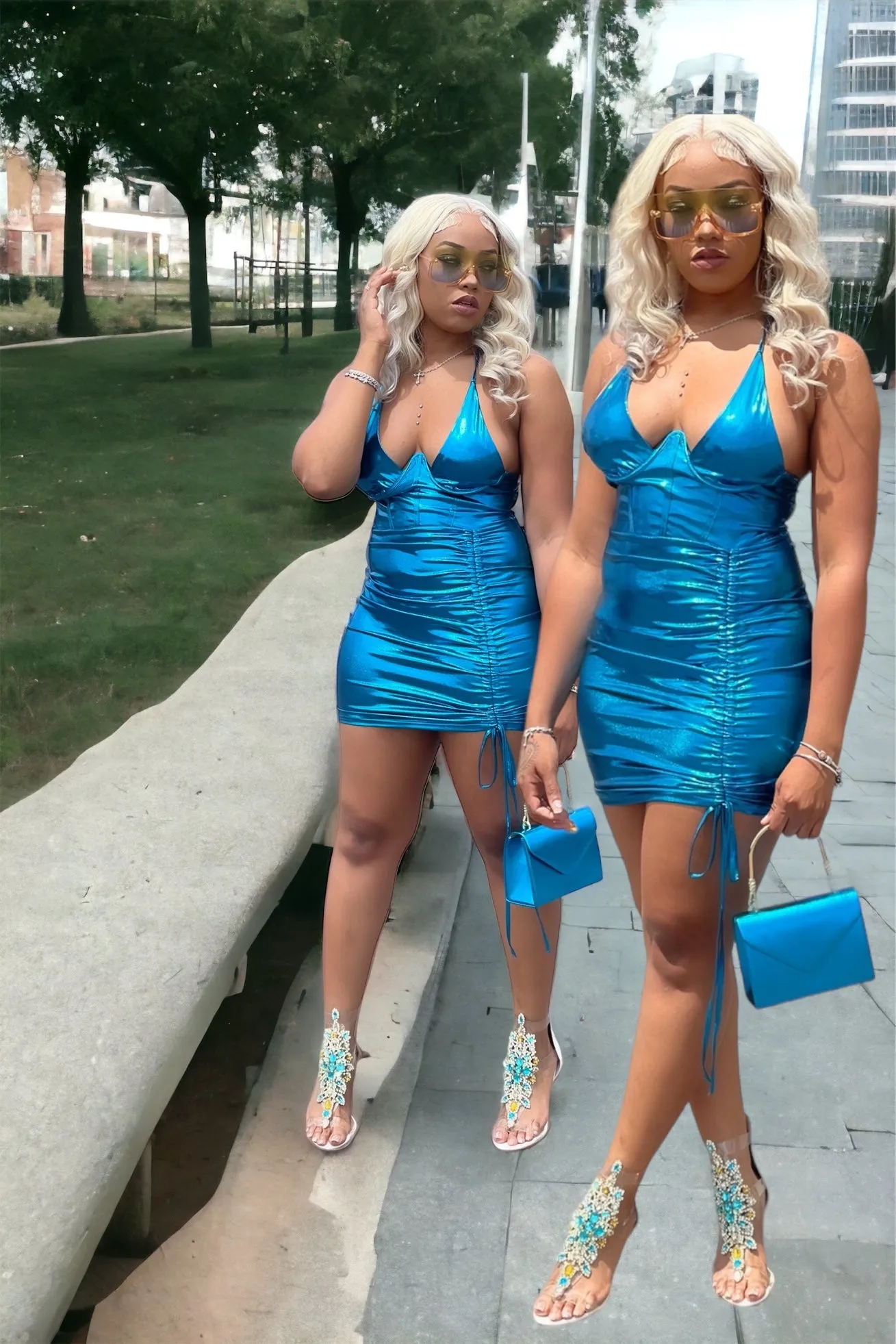 METALLIC HALTER DRESS ( Blue)