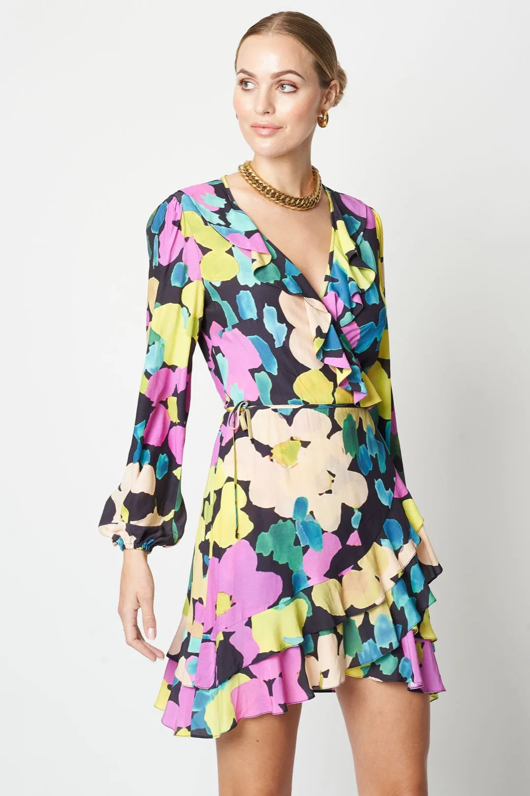 Mini Wrap Dress Abstract Neon